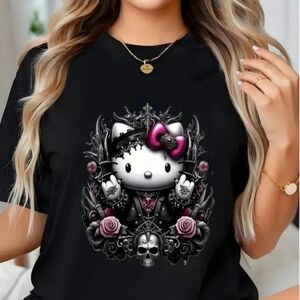 Hello Kitty Black Graphic Tee with Skull & Roses